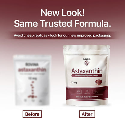 ROVINA Astaxanthin 12mg Softgels, Triple Strength Antioxidant Triple Strength Antioxidant from Microalgae; supports eye, skin, immune & joint health; Non-GMO, Gluten Free, 60 ct